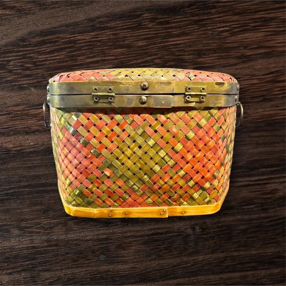 Vintage Woven Weave Metal & Wood Trinket Chest Hinged Keepsake Box Decor 13